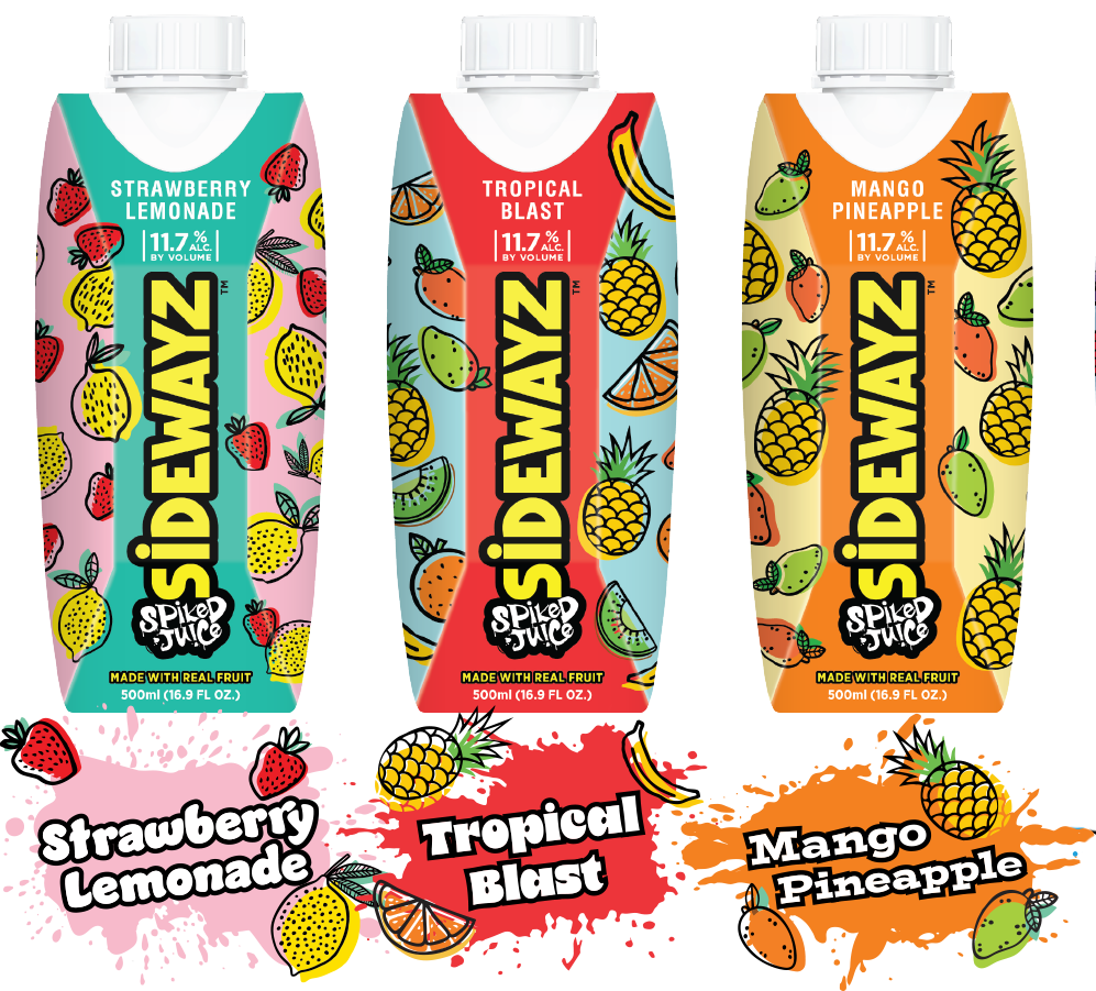 Three colorful juice cartons labeled Sidewayz are shown: Strawberry Lemonade (pink, with strawberries and lemons), Tropical Blast (red, with various tropical fruits), and Mango Pineapple (orange, with mangoes and pineapples).