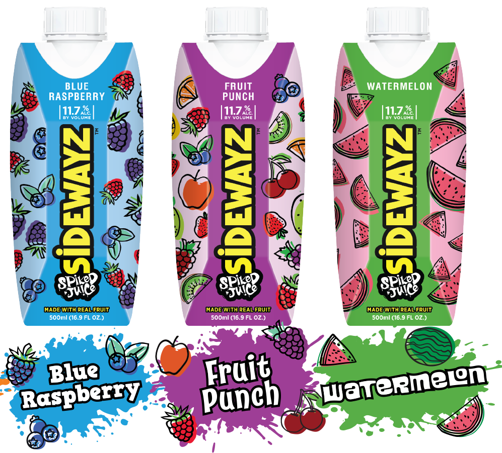Three colorful juice cartons labeled Sidewayz Spiked Juice in Blue Raspberry, Fruit Punch, and Watermelon flavors, each decorated with playful fruit illustrations matching the flavor.
