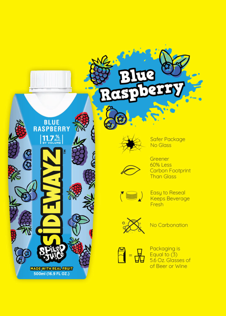 A blue raspberry-flavored boxed drink labeled Sidewayz Spiked Juice is shown on a bright yellow background, with illustrated berries and product benefits listed in icons and text to the right.