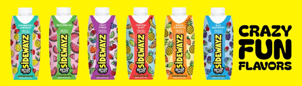 Six colorful juice cartons labeled Sidewayz with various fruit illustrations are lined up against a bright yellow background. Text on the right reads Crazy Fun Flavors in bold black letters.