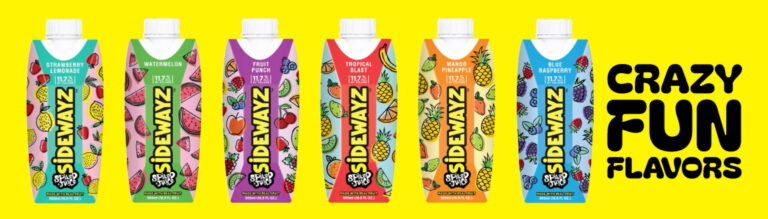 Six colorful juice cartons labeled Sidewayz with various fruit illustrations are lined up against a bright yellow background. Text on the right reads Crazy Fun Flavors in bold black letters.