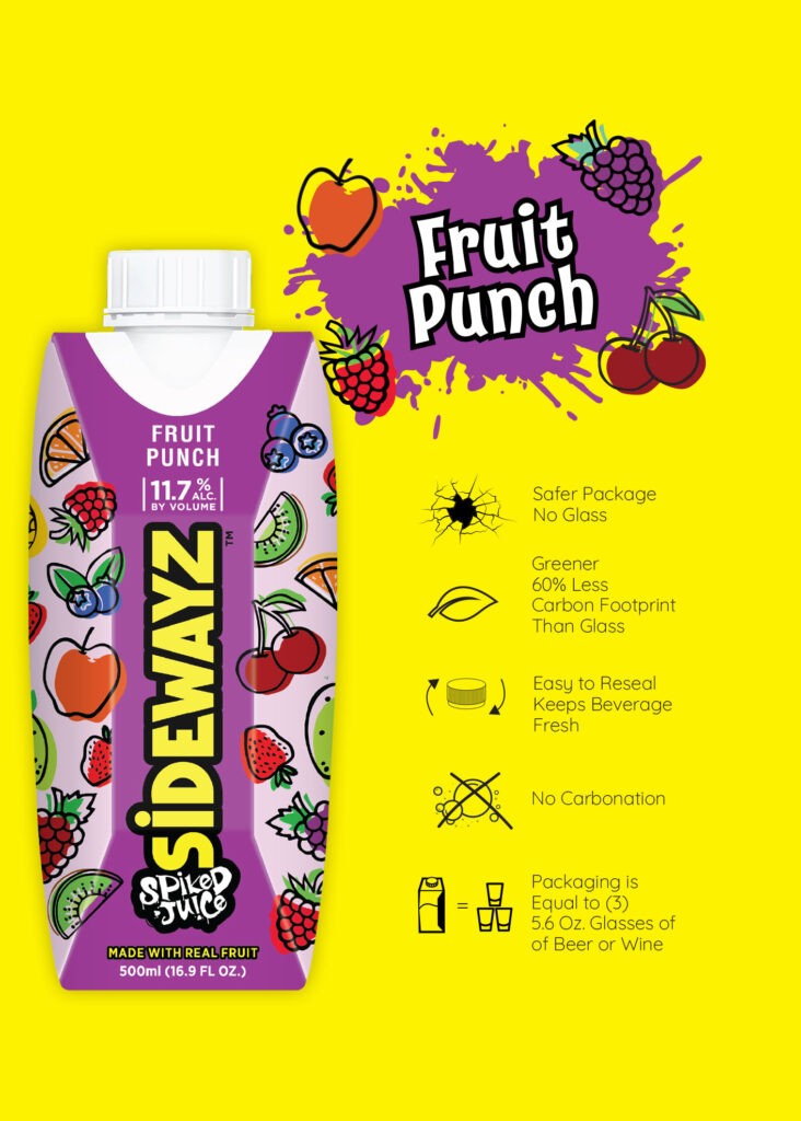 A purple Sidewayz spiked juice box featuring fruit punch flavor is shown against a yellow background with colorful fruit illustrations and text highlighting eco-friendly packaging benefits and beverage details.