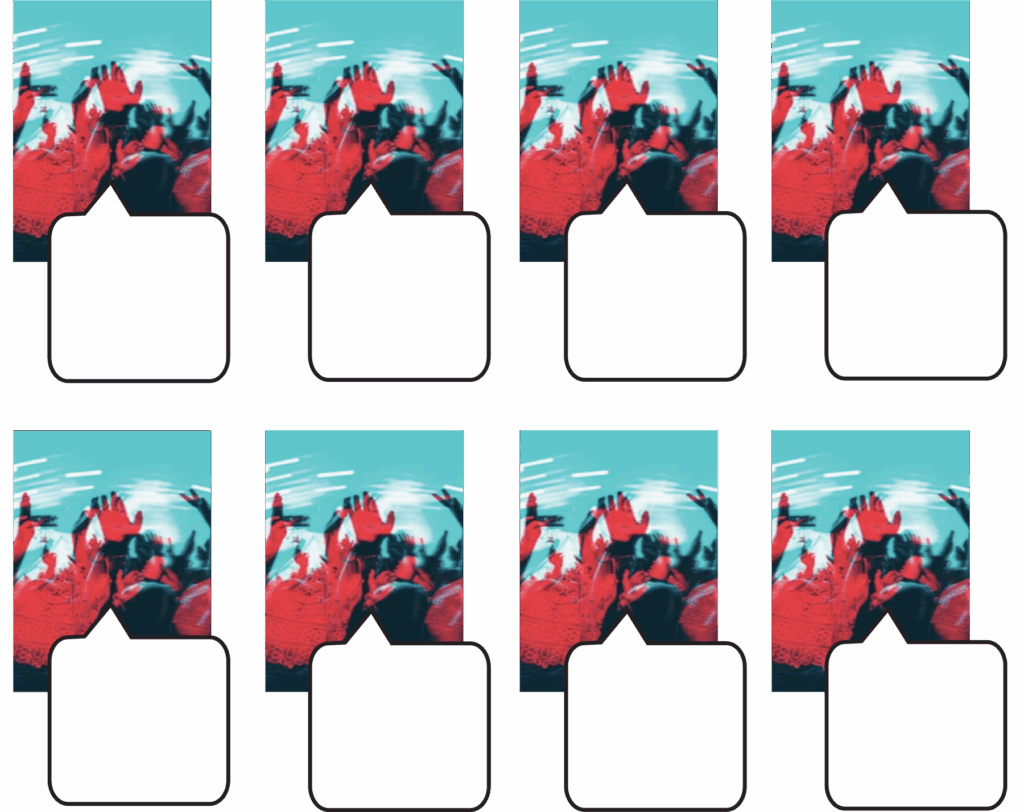 A grid of eight squares, each with an abstract, blurred image of people raising their hands in red and blue tones above a white rectangular label space. The background is turquoise.