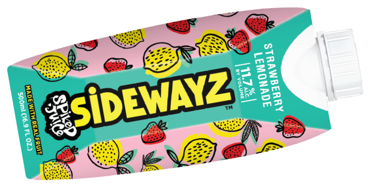 A colorful carton of Sidewayz Strawberry Lemonade, decorated with illustrated strawberries and lemons. The carton highlights 117 calories and made with real fruit, with a white twist cap on the side.
