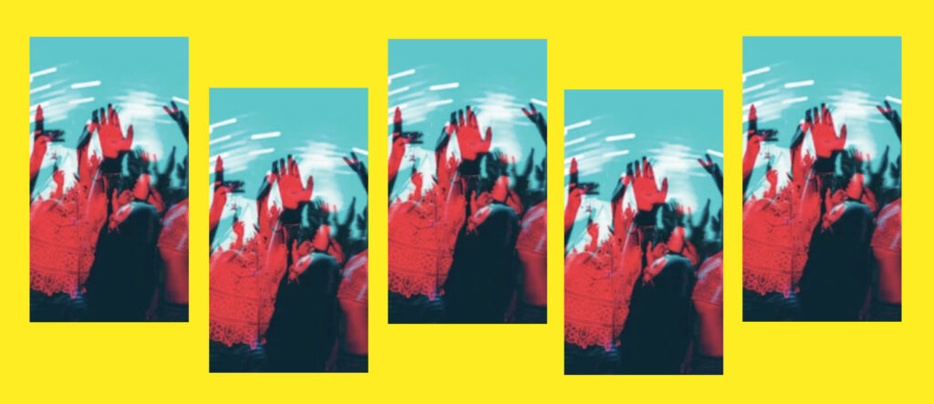 A vibrant, repeated image of people dancing with raised arms under teal and red lighting, set against a bright yellow background. The motion blur suggests energetic movement and a lively atmosphere.