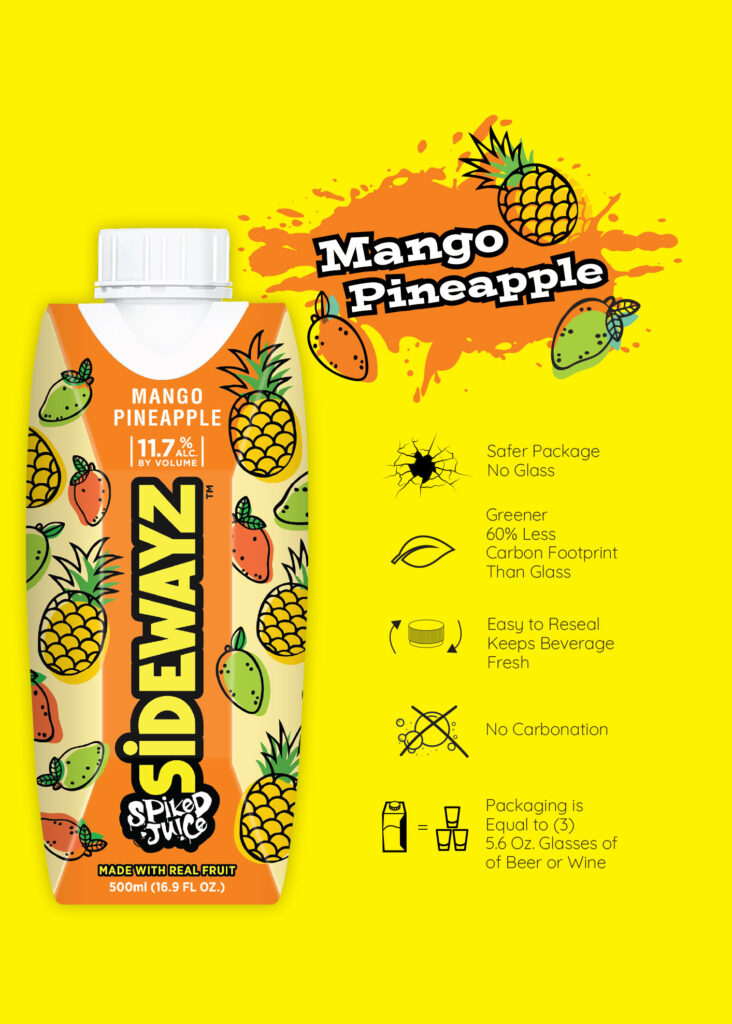 Carton of Sidewayz Spiked Juice (Mango Pineapple) with colorful mango and pineapple illustrations on a yellow background. Beside it are icons and text highlighting eco-friendly and convenient packaging features.
