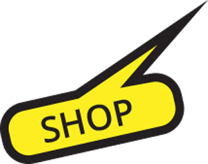A yellow speech bubble with a black outline and the word SHOP in bold black letters inside. The bubble has a sharp, angled tail pointing upward to the right.