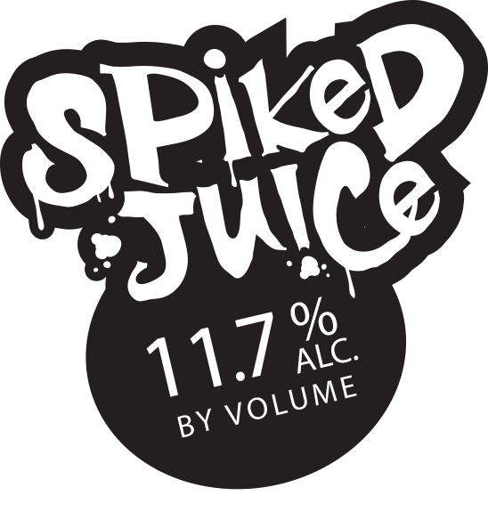 White graffiti-style text reads Spiked Juice above 11.7% Alc. By Volume in bold letters on a black background.