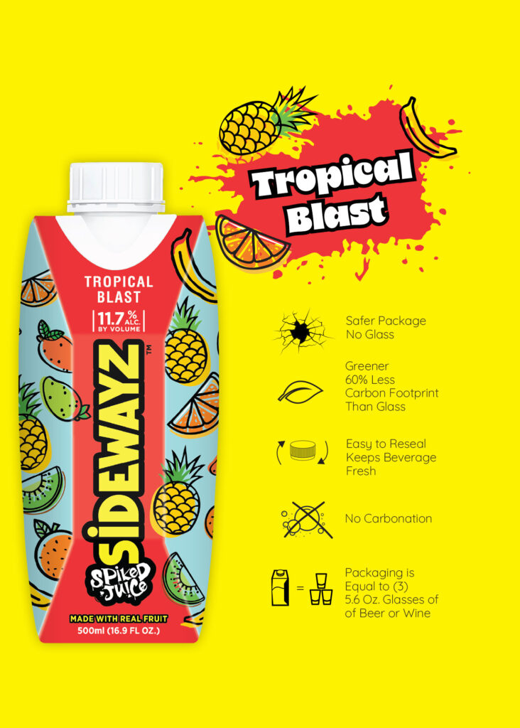 A colorful juice carton labeled Sidewayz Spiked Juice, Tropical Blast with tropical fruit illustrations, sits on a yellow background. Text highlights eco-friendly packaging benefits beside the carton.