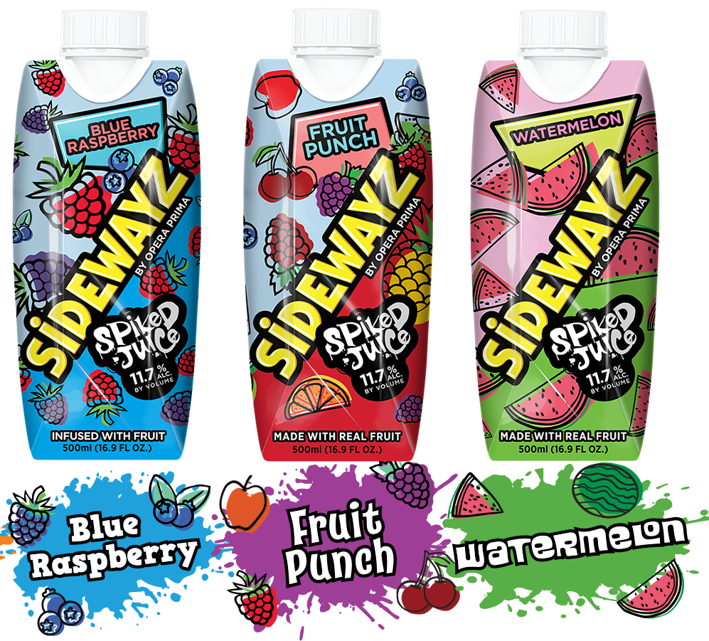 Three colorful drink cartons labeled Sidewayz Spiked Juice in Blue Raspberry, Fruit Punch, and Watermelon flavors, with each carton featuring fruit illustrations and bold, vibrant designs.