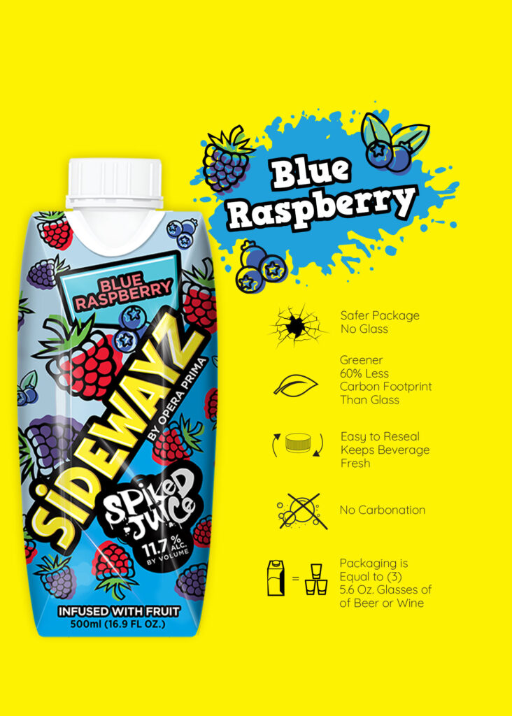 A vibrant drink carton labeled Sidewayz Spiked Juice Blue Raspberry stands on a yellow background, surrounded by blue raspberry illustrations and icons highlighting eco-friendly packaging benefits. Text explains the drink’s features.