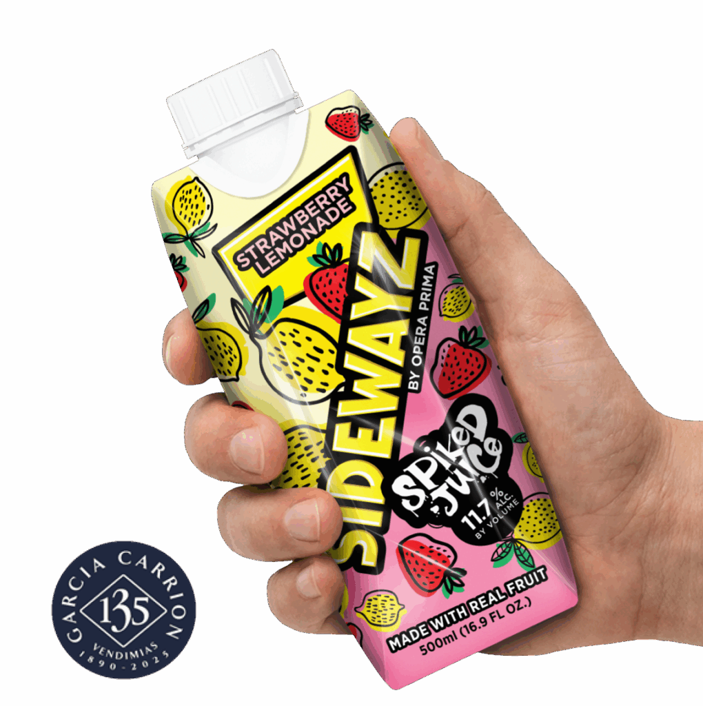 A hand holds a colorful Sidewayz Spiked Juice carton featuring illustrations of strawberries and lemons. The label reads Strawberry Lemonade, 11.7%, and Made with Real Fruit. The Garcia Carrion logo appears nearby.