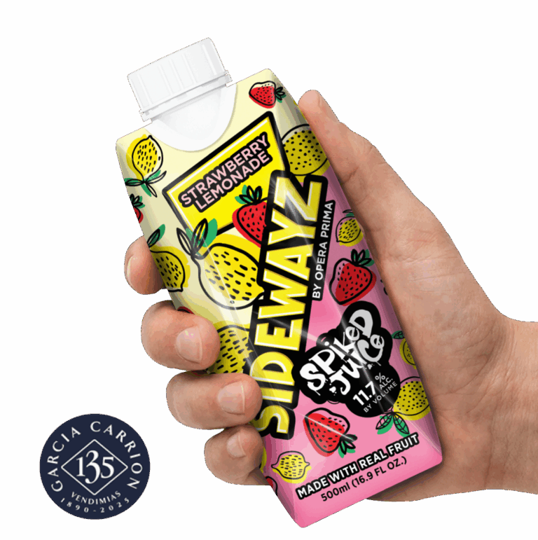 A hand holds a colorful Sidewayz Spiked Juice carton featuring illustrations of strawberries and lemons. The label reads Strawberry Lemonade, 11.7%, and Made with Real Fruit. The Garcia Carrion logo appears nearby.