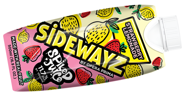 A colorful pouch labeled SIDEWAYZ by Opera Prima with Strawberry Lemonade flavor and fruit illustrations. The pouch also states SPKED JUICE, Made with real fruit, 500ml, and 11% alcohol by volume.