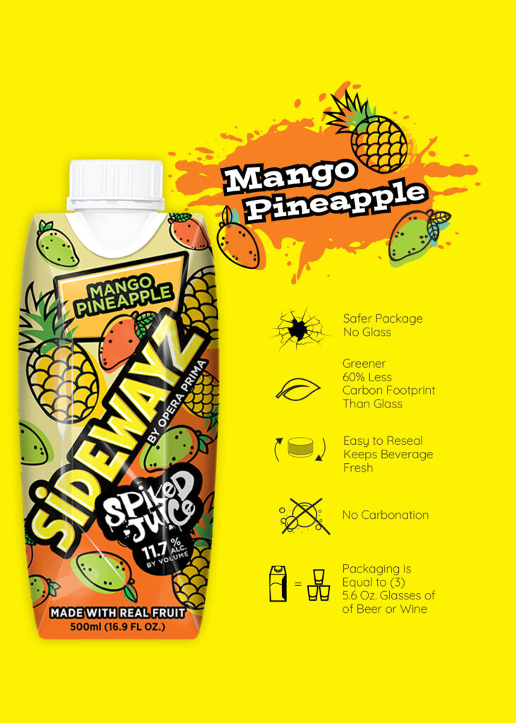 A colorful juice carton labeled Sidewayz Spiked Juice Mango Pineapple on a bright yellow background with mangoes and pineapples. Text highlights eco-friendly packaging and beverage features.