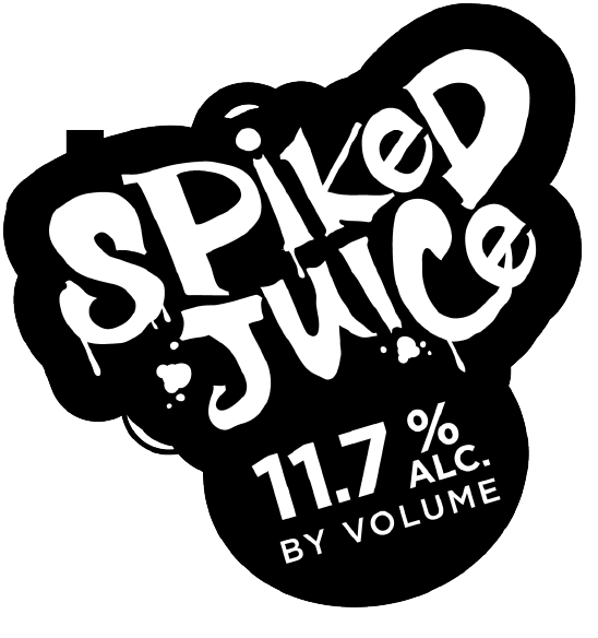 Black and white graphic text reads Spiked Juice 11.7% alc. by volume in a bold, playful font with paint splatter design elements.