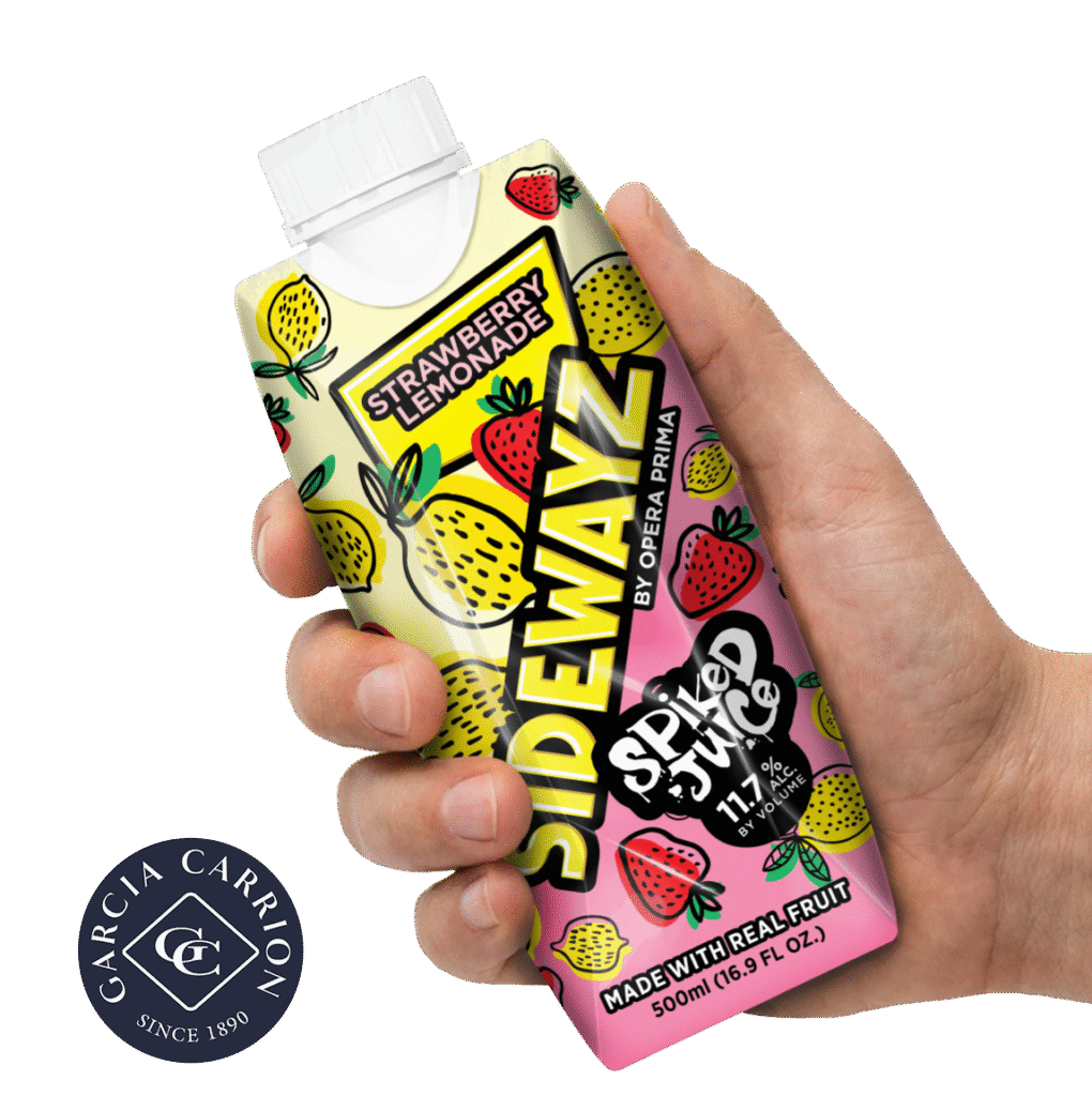 A hand holds a colorful carton labeled SIDEWAYZ Spiked Juice, Strawberry Lemonade, 11.7% ABV, decorated with strawberry and lemon illustrations. The Garcia Carrion logo appears in the corner.