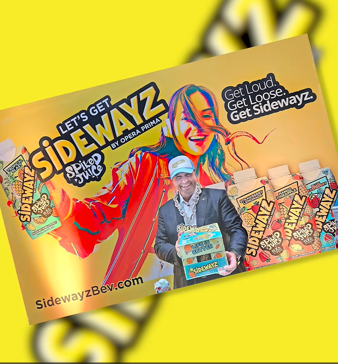 Colorful advertisement for Sidewayz Spiked Juice shows a smiling woman, a man holding cartons, and illustrated juice boxes. Text reads, “Let’s Get Sidewayz,” “Get Loud. Get Loose. Get Sidewayz,” and the website.
