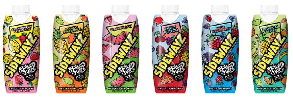 6 colorful juice cartons of SIDEWAYZ Spiked Iced Tea in flavors: Strawberry Lemonade, Mango Pineapple, Watermelon, Fruit Punch, Blue Raspberry, and Tropical Blast.