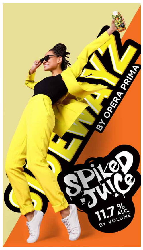 A woman in a bright yellow suit and sunglasses joyfully poses with an arm raised, holding a can. Bold text reads “SIDEWAYZ by Opera Prima” and “Spiked Juice 11.7% alc. by volume” on a colorful background.