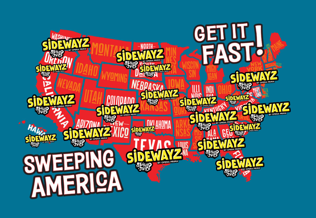 A map of the United States with SIDEWAYZ logos over many states. Large text reads GET IT FAST! and SWEEPING AMERICA on a blue background, highlighting the brands rapid nationwide spread.